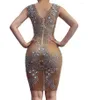 Stage Wear Silver Crystals Mesh Dress Rhinestoness Evening Party Short Women's Birthday Celebrate Outfit Sexy See Through Dresses