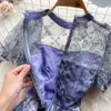 プレミアムレースパッチワークプリントバブルスリーブドレス夏の女性のフレンチウエストAラインスカート