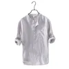 Mäns casual skjortor långa ärmar andas bomullslinne tunika strand Henley toppar män solid färg nov99 230221