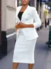 Two Piece Dress Women White Formal Business Blazer Suit Sets Elagant 6 Buttons Jacket Knee Length Skirts Wide Leg Pants Suits Casual Office Work 230222