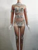 Stage Wear Fashion Rhinestoness Jumpsuit Crystals Mesh See Through Bodysuit Women Performance Dance Overalls Net Yarn Sexy Club