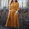 Casual jurken vinatge 100% linnen vrouwen kleden casual massieve button met lange mouwen Koreaanse Harajuku lange maxi riem derts pockets vestido 230222