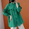 Kvinnors blusar 2023 Spring Fashion Plus Size Women Clothing Lapel Nine-Quarter Hidees Ruffle Stitching Pleated Cotton and Linen Shirt Top