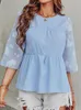 Blusas femininas elegantes 3/4 de manga peplum top para mulheres malha floral de verão três quartos chiffon spring salounge tunic camisetas azul