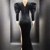 Scene Wear Fashion Black Velvet Puff Sleeve Bodysuit Long Tail kjolklänning 2st Set Birthday Celebrate Party Evening Show