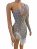 Scenkläder lutande axel lysande strass Tassel Sexig klänning för kvinnor prom jazz dans nattklubb fest kändis dräkter
