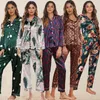 Pijamas femininos conjuntos de pijama estampados manga comprida botão para baixo pijamas macios lounge pulôver