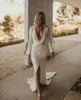 Hochzeit Kleid 2023 Sexy Arabisch Meerjungfrau Satin Kleider Tiefem V-ausschnitt Langarm Vorne Split Böhmischen Brautkleider Vestidos De novia