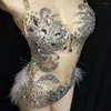 Scenkläder gnistrande silver strass se genom bodysuit kvinnor fjäder leotard outfit kvinnlig bar dance party kostym