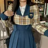 Tweede stuk jurk mode blazer rok set dames college stijl herfst slanke plaid pak jas hoge taille geplooide sling rokken 2 sets vrouw 230222