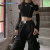 Women's T-Shirt Patchwork Black T-shirts Gothic One Shoulder Sleeve Y2k Crop Tops Ruffles Hem Hip Hop Techwear Women Tees 022223H