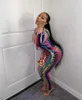 Sahne Giyim Parlayan Çok Renkli Ayna Rhinestones Şeffaf Tulum Uzun Kollu Doğum Günü Partisi Elbise Dansçı Göster Kıyafet