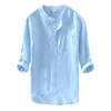 Mäns casual skjortor långa ärmar andas bomullslinne tunika strand Henley toppar män solid färg nov99 230221