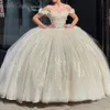 2023 Champagne Flowers Crystal Ball Gown Quinceanera Dresses Sweetheart 16 Off The Shoulder Appliques Lace Pageant Birthday Party Gowns 0222