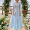 Party Dresses Long A Line Brides Texa med Streamer Cape Sky Blue Chiffon Plunging Neck Backless Dress Maid of Honor 230221