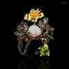 Wedding Rings Luxury Female Green Zircon Stone Ring Charm 14KT Black Gold For Women Vintage Oval Opal Flower Engagement