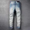 Pantaloni jeans alti firmati Uomo Denim street fashion nuovissimo Amirres lavato colore chiaro patch plaid jeans strappati pantaloni slim elasticizzati da uomo KWT2