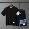 Herren-T-Shirts, reines Braun, große Größe M5XL 6XL, Thom-Baumwolle, Loopback-Jersey, gestrickt, Sommerkleidung, Streifen-Sweatshirt, Rundhalsausschnitt, Pu8773381