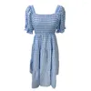 Casual Dresses Women Dress Plaid Print Lady Puffy Sleeve Square Collar High Waist Summer Swing For Party