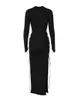 Casual Dresses Women Fashion Long Dress Solid Color Round Neck Sleeve Cross Tie-Up Cutout High Split Party