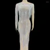 Stage Wear Sparkly Rhinestone Chain Long Dress Birthday Celebrate Party Outfit Luxurious Show Performance Sexy Transparent