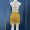 Desgaste de la etapa Traje de baile con flecos dorados sexy Traje de fiesta Traje de borla Noche Cumpleaños Discoteca Vestido de actuación