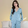 Lacê de sono feminino de laço em V 2pcs de pijamas de pijamas 2023 roupas caseiras de cetim lingerie sexy roupas de noite azul pijamas casual conjunto