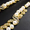 Halsband örhängen set faux pärla rhinestone blad dingle brud bröllop smycken halsband