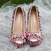 Dress Shoes Luxury Crystal High Personal Customize Pink Metal Rhinestone Flowers Hand Made Stick Important Evening Date Wedding Pumps