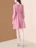 Casual Dresses EVNISI Elegant Solid Tweed Dress With Belt Women Square Collar Diamonds Shiny Bee Brooch Vintage Dresses Office Lady Vestidos 230222