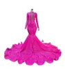 Fuchsia Mermaid Long Prom Dresses 2023 Rosa Red African Black Girl Long Sleaves Sparkly Sopein Lace Luxury Party Dress BC15052 GJ0222
