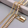 Bracelets de cheville gothique grande serrure cristal Tennis chaîne ensemble pour femmes doré multicouche métal mince corde cheville Bracelet pied bijoux