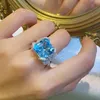 Vrouwen bruiloft ringen meisjes romantische hemelsblauw kunstmatig kristal zirkon diamant bowknot wit goud vergulde platina ring feest sieraden verjaardag cadeau verstelbaar