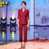 Tweede stuk broek Bourgondië van dames Burgundy Suit uitgezonden Host Speech SPREEK SLIM Coat Women Suits Office Sets Double Breasted Blazer