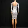 Stage Wear Sparkly Pearl Rhinestones Dress Women Birthday Celebrity Prom Party Night Outfit Long Sleeve Graceful Bodycon Dresses