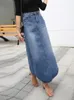 Vestidos casuais saia de jeans longa feminina azul sólida sai saias de moda de moda de rua casual bolso de cintura alta saia de jeans maxi saia 2302222