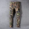 Classic Cargo Pocket Camouflage Denim Jeans Men Destroyed Wash Vintage Denim Pants