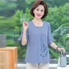 Women's Blouses & Shirts Middle-Aged Women Summer Chiffon T-Shirt Solid Embroidery Ruffle Short Sleeve O-Neck Loose Style Fashion Tees TopsW