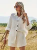Damen Zweiteilige Hose Sommer Strand Freizeit Knopf Weißer Anzug Baumwolle Leinen Zweiteiliges Langarmshirt Shorts Outfits 230222