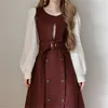 Abiti casual Coreano Chic Office Lady Elegante vestito dal carro armato O-Collo Doppio petto Senza maniche Abito Primavera Cintura Slim Wasit Abiti Mujer 230222