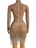 Stage Wear Sparkly Rhinestones Pearls Mesh Perspective Dress Women Sexy Slit Birthday Prom Party Bodycon Nightclub Dancer