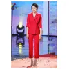 Tweede stuk broek Bourgondië van dames Burgundy Suit uitgezonden Host Speech SPREEK SLIM Coat Women Suits Office Sets Double Breasted Blazer