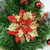 Decorative Flowers Wreaths 10Pcs Christmas Glitter Artificial Flowers Red Gold Xmas Tree Ornaments Big Flower Heads For Home Year Navidad Party Decor 230221