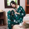 Dames slaapkleding 2023 Ice Silk Women's Pyjama Two -Piece Set Spring Green Print Folar lange mouwpak Elegante Casual Home Service