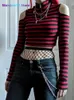 Women's T-Shirt Goth Dark Grunge Striped Mall Gothic Basic T-shirts Punk E-girl Aesthetic Bodycon Casual Crop Tops Long Sleeve Open Shoulder Tee 022223H
