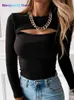 Kvinnors t-shirt Autumn Women Tshirt Hollow Out Solid Black White Long Sleeve Sticked Tee Tops Casual Slim O Neck 2023 Fashion T Shirt 022223H