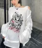 Kadın T-Shirt Kosahiki Gotik Kafatası Baskı Gevşek Tişört Kadın Omuz Kapalı Uzun Kollu Japon Harajuku İnce T-Shirt Kore Moda Y2K TEE 022223H