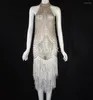 ステージウェア輝くラインストーンタッセルドレス女性誕生日白いフリンジ衣装ダンサーコスチュームノースリーブバープロムパーティードレス