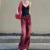 Kadınlar kot mingliusili kırmızı kot pantolon vintage kırmızı yıkama sıkıntılı düz bacak kotları çok yönlü gevşek pantolon 230222