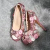 Торговые туфли роскошные хрустальные высокие личные настройки розовой металлический страт -хлайт цветы